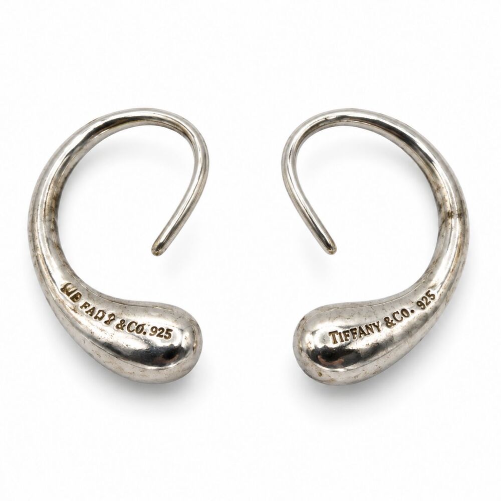 Tiffany & Co Elsa Peretti Teardrop Hoop Dangle Earrings Silver w/ Box